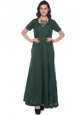Green Readymade Cotton Flared Dress