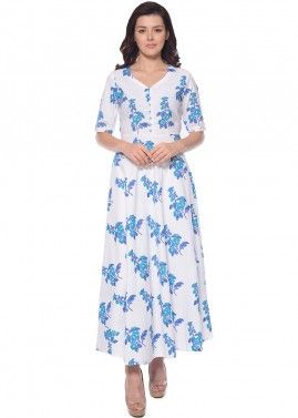 White Readymade Floral Block Printed Dress