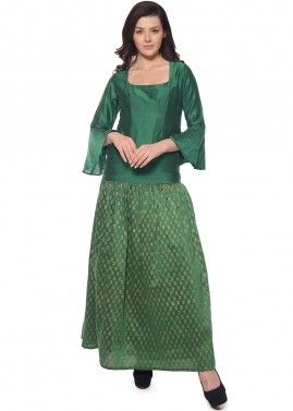 Green Bell Sleeved Block Printed Dress