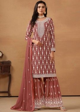 Brown Thread Embroidered Gharara Style Suit