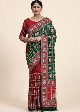 Red & Green Embroidered Saree In Art Silk
