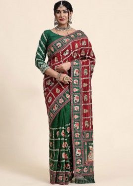 Green & Red Embroidered Saree In Art Silk
