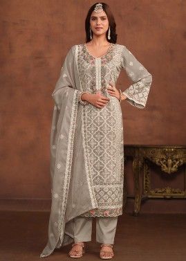 Grey Thread Embroidered Pant Suit In Organza