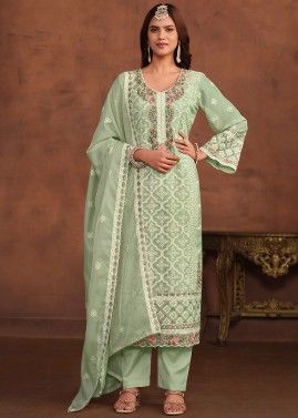 Paste Green Embroidered Organza Pant Suit Set