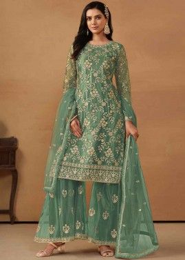Green Embroidered Gharara Suit Set In Net
