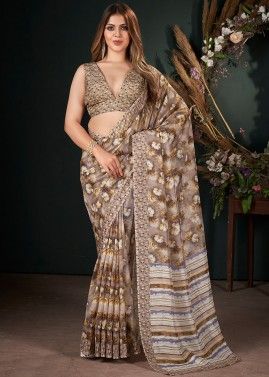 Brown Digital Printed Saree In Art Silk