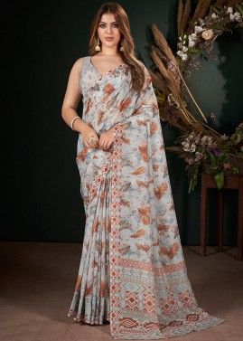 Grey Digital Printed Saree In Art Silk