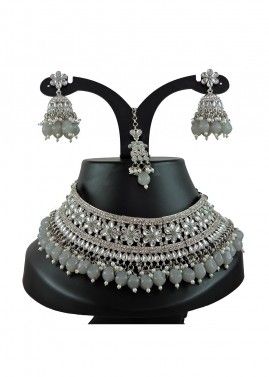 Grey Kundan Studded Necklace Set 