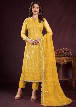 Yellow Embellished Pant Suit In Net