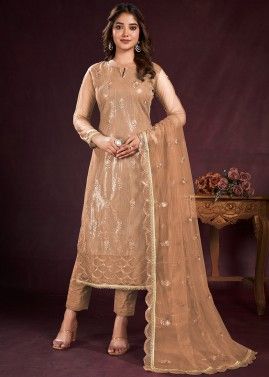 Light Brown Embroidered Net Pant Style Suit