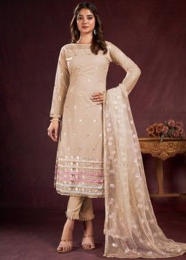 Beige Thread Embroidered Pant Style Suit