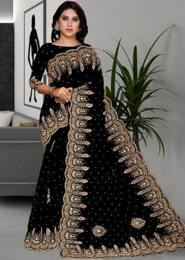 Black Saree with designer blouse  Saree with belt, Casual indian