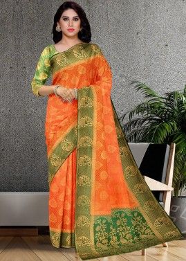 Orange Kanjivaram Silk Saree In Woven Work