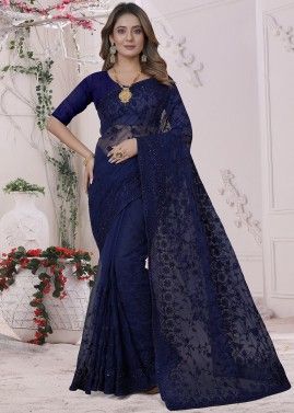 Navy Blue Embroidered Saree In Net