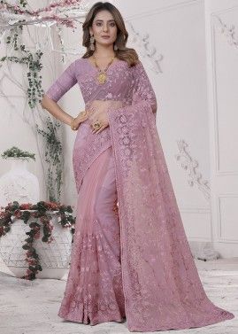 Pink Embroidered Pallu Net Saree