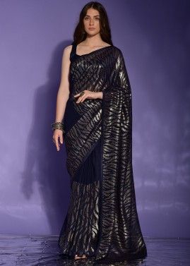 Blue Georgette Saree In Sequins Embroidery