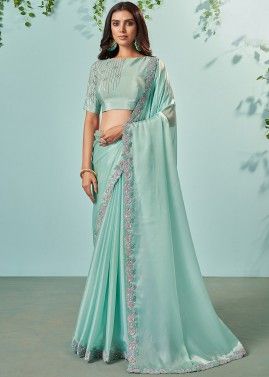 Green Sequins Embroidered Saree In Organza