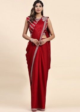 Red Pre-Stitched Satin Saree & Blouse