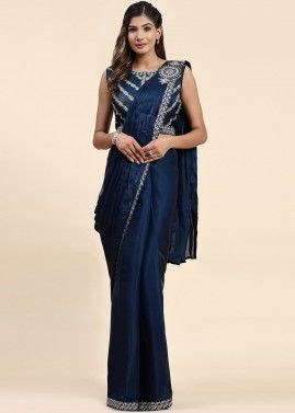 Pre-Stitched Navy Blue Embroidered Saree