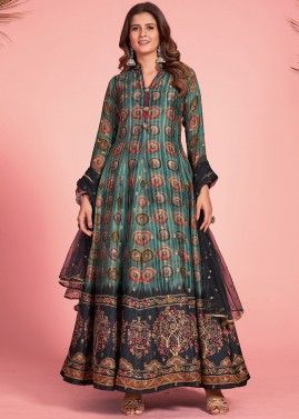 Multicolor Digital Printed Readymade Art Silk Anarkali Suit