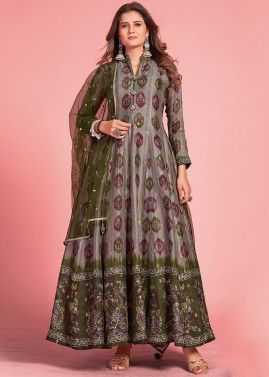 Multicolor Readymade Art Silk Anarkali Suit In Digital Print