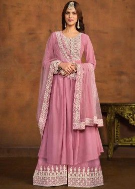 Pastel Pink Cord Embroidery Georgette Palazzo Suit