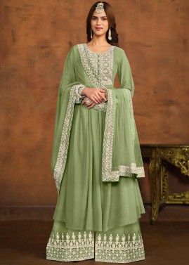 Pastel Green Cord Embroidery Palazzo Suit In Georgette
