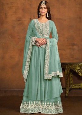 Pastel Blue Georgette Palazzo Suit In Cord Embroidery
