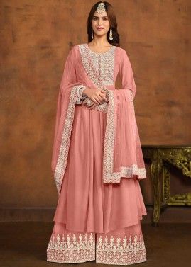 Peach Cord Embroidery Georgette Palazzo Suit Set