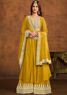 Yellow Cord Embroidery Palazzo Suit In Georgette