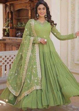 Green Embroidered Readymade Georgette Tiered Style Anarkali Suit