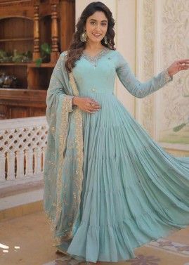 Pastel Blue Embroidered Readymade Tiered Style Anarkali Suit In Georgette