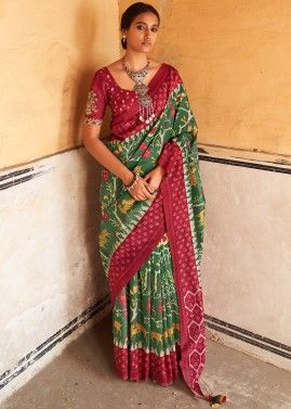 Green Digital Printed Saree In Tussar Silk
