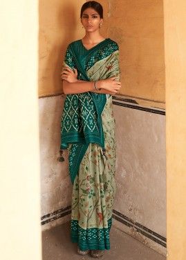 Green Tussar Silk Saree In Printed Designs