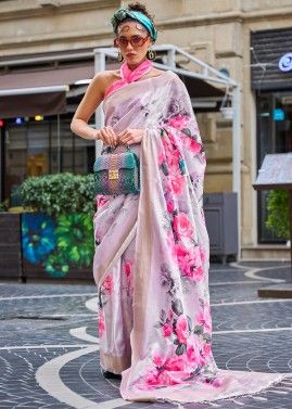 Pink Digital Printed Silk Saree & Blouse