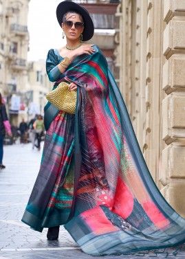 Multicolored Digital Printed Saree In Silk