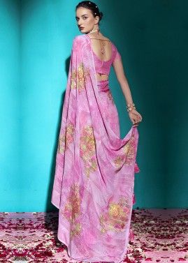 Pink Digital Printed Saree In Chiffon