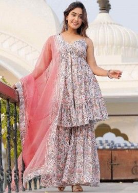White  Readymade Flared Style Cotton Printed Gharara Suit