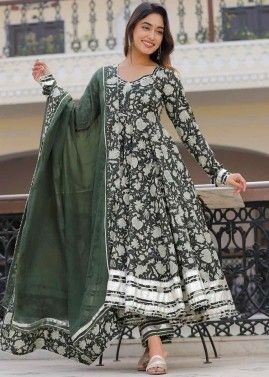 Dark Green Readymade Printed Anarkali Suit In Cotton