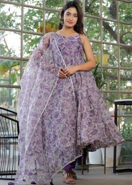 Purple Readymade Printed Anarkali Suit In Organza