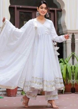 White Readymade Digital Printed Cotton Anarkali Suit Set