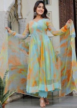 Multicolor Readymade Digital Printed Anarkali Suit In Organza
