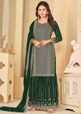 Green Thread Embroidered Georgette Gharara Suit