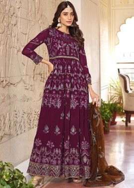 Magenta Thread Embroidered Suit In Georgette