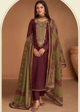 Purple Embroidered Suit Set In Satin