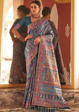 Blue Woven Silk Saree In Art Pashmina