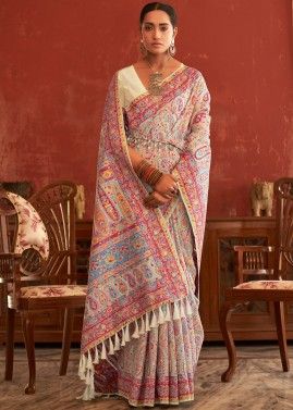 Cream Woven Saree In Art Pashmina Silk