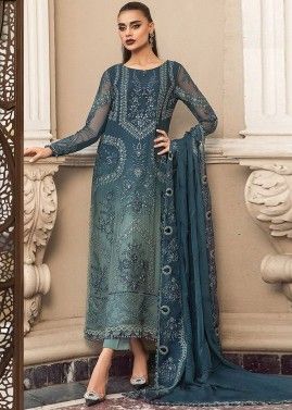 Shaded Blue Embroidered Organza Pakistani Pant Suit