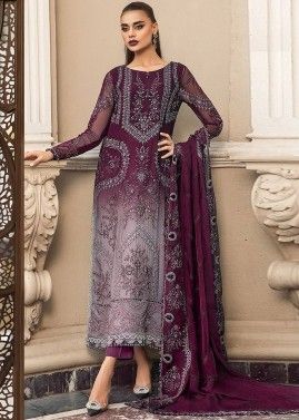 Shaded Wine Embroidered Pakistani Pant Suit In Organza