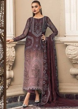 Shaded Brown Organza Pakistani Pant Suit In Embroidery